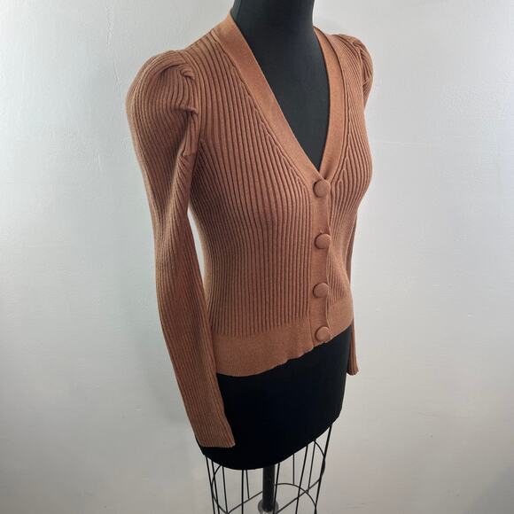 INDUSTRY Brown Cardigan Sweater Knit Ribbed V-Neck Puff Sleeve Size Medium M NEW - Picture 6 of 11
